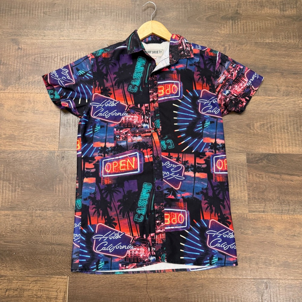 Surf Society Neon Sign Hotel California Casino Palm Tree Button Down Shirt Small